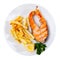 Baked salmon served with golden french fries potatoes. Mediterranean dish