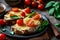 Baked sandwich with cheese and cherry tomatoes on dark bread