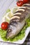 Baked sea bass with lemon, lettuce and cherry tomatoes