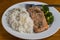 baked season salmon with rice and broccoli