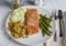 baked seasoned salmon with stuffing and asparagus