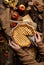 Baked sliced apple lattice pie crust in woman hands on sackcloth