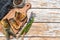 Baked sliced silver carp. Wooden background. Top view. Copy space