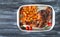 Baked turkey leg with spiced pumpkin slices. Celebratory dish, Thanksgiving. Diet menu. Top view
