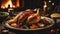 Baked whole chicken with vegetables close-up on plate on table. Delicious roasted poultry meat dinner