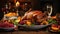 Baked whole turkey duck or chicken close-up with berries and oranges on a festive traditional served table with white wine