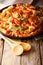 Baked ziti pasta with minced meat, tomato and cheese on a plate