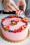 Baker adding blueberries to a cake. Girl birthday cream cheese pink cake. Woman decorating delicious cake