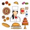 Baker with bread and pastries colored sketch icon