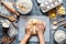 Baker chef preparing homemade dough bread, pizza or pie recipe ingridients, food flat lay