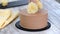 Baker Chef Using White Chocolate Flowers Decorating Chocolate Cake.