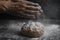 Baker clap hands with flour splash on fresh bread.Bakery, cooking concept lifestyle on black background