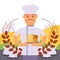 Baker holding bread, vector illustration. Professional cook in chef uniform, on background of wheat field and windmills