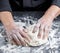 Baker kneads white wheat flour dough