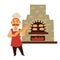 Baker with mustache and baguette stands near brick stove