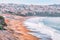 Bakers Beach aerial view over Californian sandy beach near San Francisco Bay, Pacific Ocean, gorgeous seascape, in light mist,