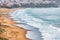 Bakers Beach aerial view over Californian sandy beach near San Francisco Bay, Pacific Ocean, gorgeous seascape, in light mist,