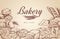 Bakery background. Hand drawn cooking bread bakery bagel breads pastry bake baking culinary vector menu design