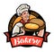 Bakery, bakehouse logo or label. Happy baker or cook with bread in hand. Vector illustration