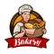 Bakery, bakeshop logo or label. Woman baker holding a wicker basket full of bread. Vector illustration