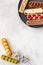 Bakery banner background of eclairs colorful topping