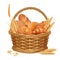 Bakery basket. Fresh sweet sliced bread kitchen lunch products in basket vector realistic illustrations