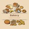 Bakery or bread house sketch poster of baked bread. Vector design template for baker shop of fresh wheat bread bagel or