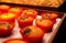 Bakery in brown wooden tray in bakery shop. Fresh bake pastry product. Sweet bread display on counter. Carbohydrates food. Snack