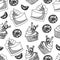 Bakery cake and cupcake orange in black and white seamless pattern