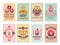 Bakery cards design. Fresh sweet foods cupcakes donuts and other baking products illustrations for vintage vector menu