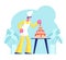Bakery Chef Character in Uniform and Cap Cook Festive Cake Decorating with Cream and Berries. Dessert for Birthday or Wedding