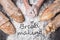 Bakery concept background. Hands and sorts of bread loaf