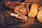 Bakery, crusty loaves of bread and buns. Assortment of baked bread.