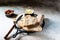 Bakery, crusty loaves of bread. Still life captured from above top view, flat lay . sun-dried tomatoes. Vegetarian food