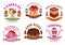 Bakery desserts, pastry cakes emblem labels set