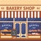 Bakery facade. Showcase with sweets. Cakes and bread. Flat vector