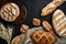 Bakery - gold rustic crusty loaves of bread and buns on black chalkboard background.