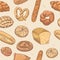 Bakery Hand Drawn Seamless Pattern. Fresh Bread and Buns Background