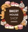 Bakery house shop menu template with various sweets. Croissant, cake, cupcake, macaron. Place for text. Line art