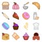 Bakery Icons. Color cartoon design. The set includes various confectionery products, as well as methods and means of