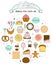 Bakery icons in line art style. Icons with bread, biscuits, sweets for web. Set with fresh bread, sweets, baking for