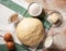 Bakery ingredients. On the table are butter, eggs, milk, yeast, sugar