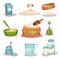 Bakery ingridients set, kitchen utensils and products for baking and cooking vector Illustrations on a white background