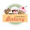 Bakery logo in flat vintage design with cakes and muffins