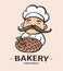 Bakery logo. Hand drawn vector illustration of chef-cooker with a mustache and pie. chef cake logo.