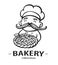Bakery logo. Hand drawn vector illustration of chef-cooker with a mustache and pie. chef cake logo.