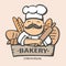 Bakery logo. Hand drawn vector illustration of chief-cooker with a mustache and with a bread. chief logo.