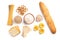 Bakery and pasta products isolated on white. Baguette, pasta, dryings bagel, toast bread, crispbreads and bread.