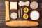 Bakery and pasta products on wooden. Baguette, pasta, dryings bagel, toast bread, crispbreads and bread.