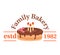 Bakery pastry cafe symbol, cake product label for traditional shop, vector illustration. Classic cupcake, bread at badge